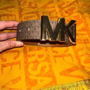 Michael Kors Signature Brown Belt with Gold MK Buckle